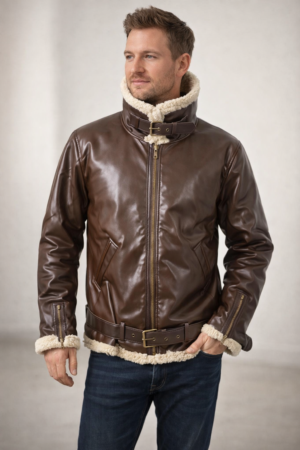 Luxus Lammfell-Pilotjacke mit Vintage-Kante – Taviero