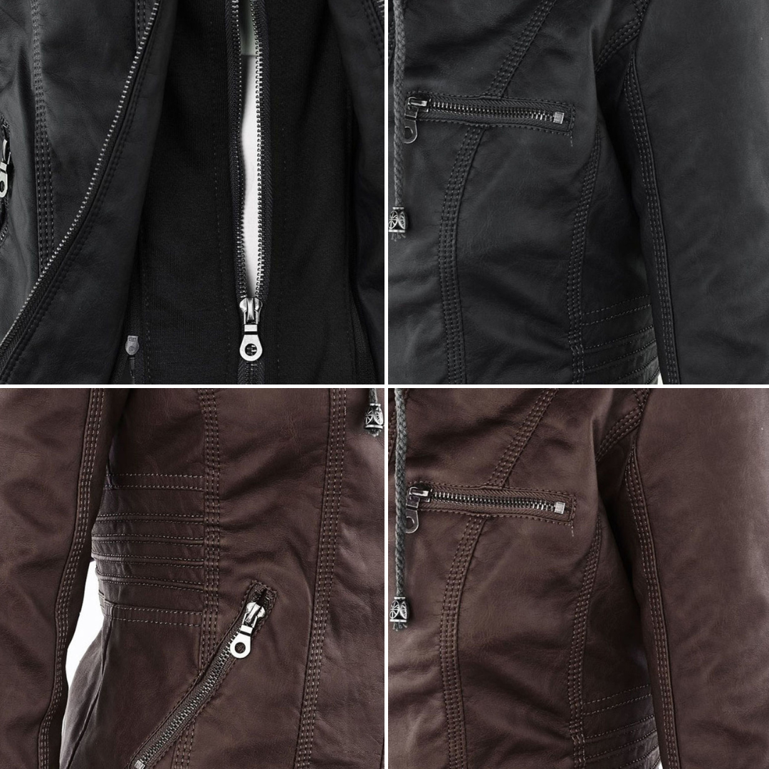 Echoarchiv | Wasserdichte Damen Lederjacke Mit Abnehmbarem Kapuzen