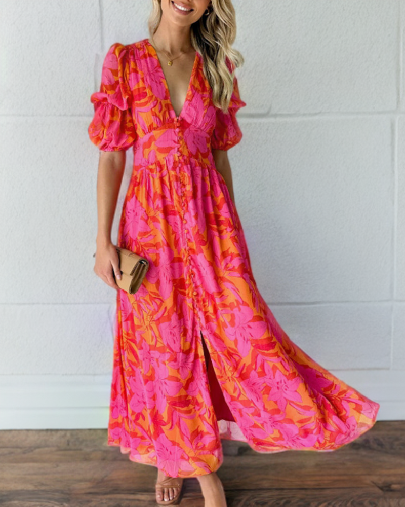 Echoarchiv | Elegantes Kleid mit Puffärmeln und Tiefem V-Ausschnitt Druck