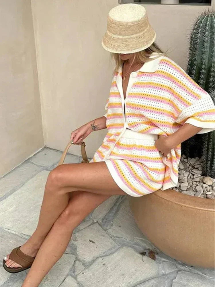 2-teiliges Strickset mit Kontraststreifen für Damen – Élanora