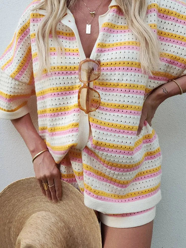 2-teiliges Strickset mit Kontraststreifen für Damen – Élanora
