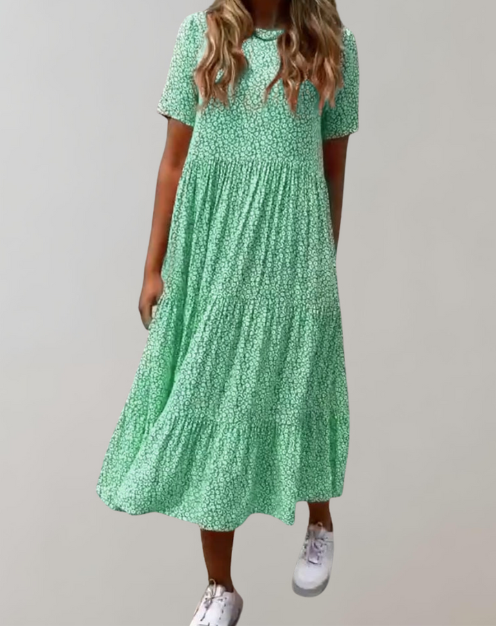 Echoarchiv | Lässiges, Kurzärmliges Midikleid mit Blumenmuster Fließendes Kleid für Damen