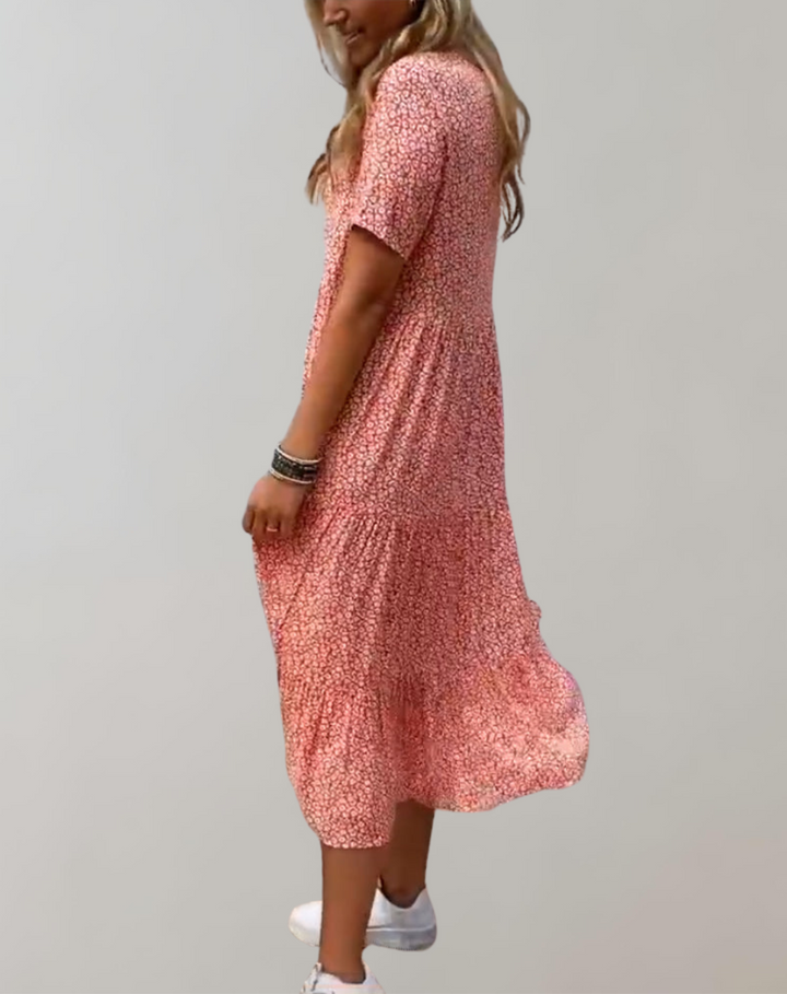 Echoarchiv | Lässiges, Kurzärmliges Midikleid mit Blumenmuster Fließendes Kleid für Damen