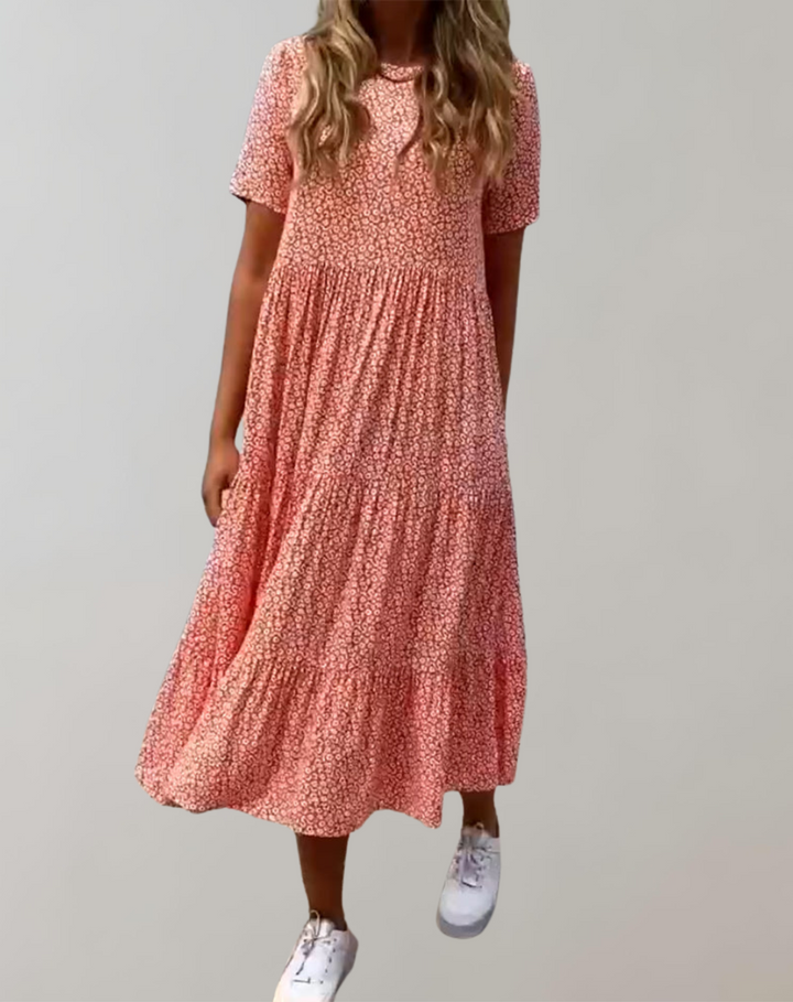 Echoarchiv | Lässiges, Kurzärmliges Midikleid mit Blumenmuster Fließendes Kleid für Damen