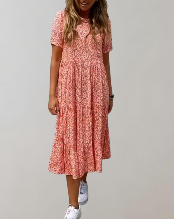 Echoarchiv | Lässiges, Kurzärmliges Midikleid mit Blumenmuster Fließendes Kleid für Damen