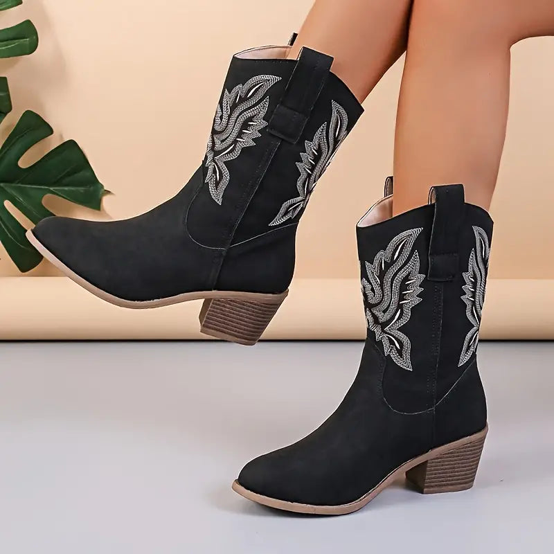 Cowboystiefel - Damen Knöchelhoche Blockabsatz Cowgirl-Stiefel Echoarchiv