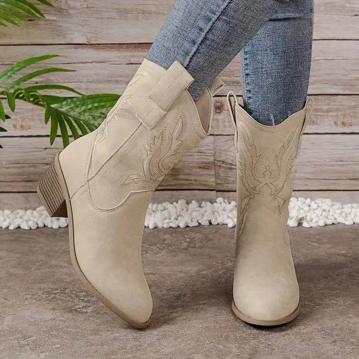 Cowboystiefel - Damen Knöchelhoche Blockabsatz Cowgirl-Stiefel Echoarchiv