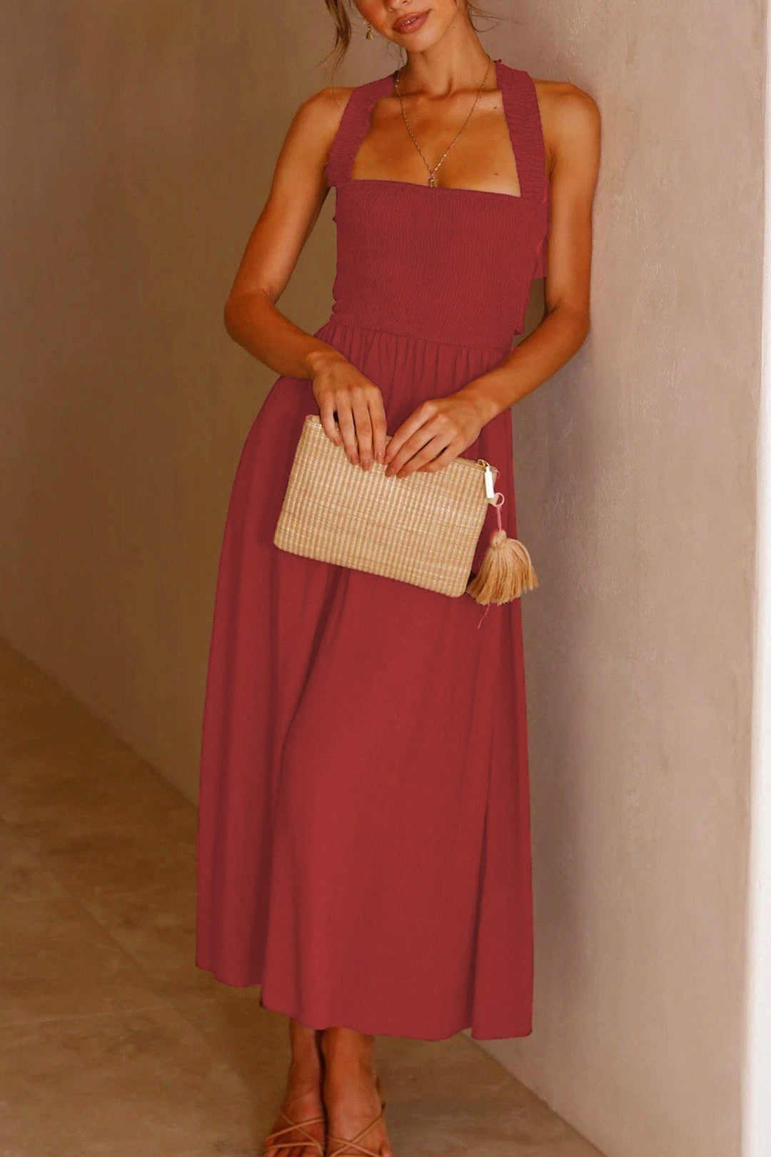Crisscross Tie-Back Midi Kleid – Élara