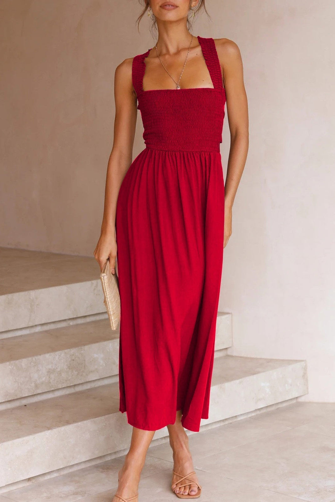 Crisscross Tie-Back Midi Kleid – Élara