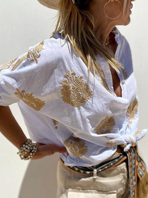 Echoarchiv | mit Knopfleiste Boho Stil Lockere Passform Langarm Shirt Damen Leinenhemd