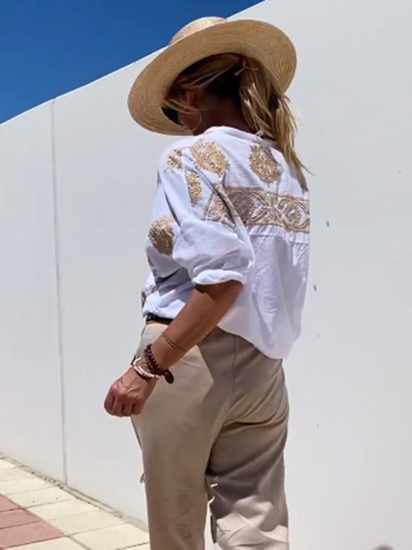 Echoarchiv | mit Knopfleiste Boho Stil Lockere Passform Langarm Shirt Damen Leinenhemd