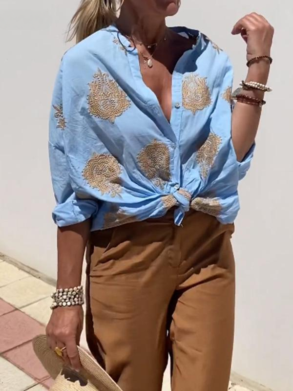 Echoarchiv | mit Knopfleiste Boho Stil Lockere Passform Langarm Shirt Damen Leinenhemd