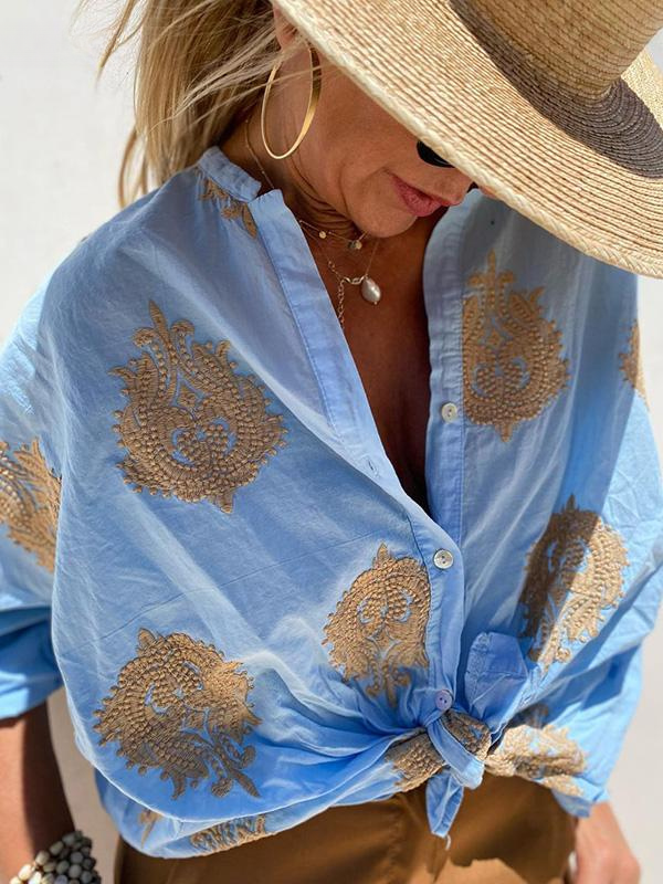 Echoarchiv | mit Knopfleiste Boho Stil Lockere Passform Langarm Shirt Damen Leinenhemd