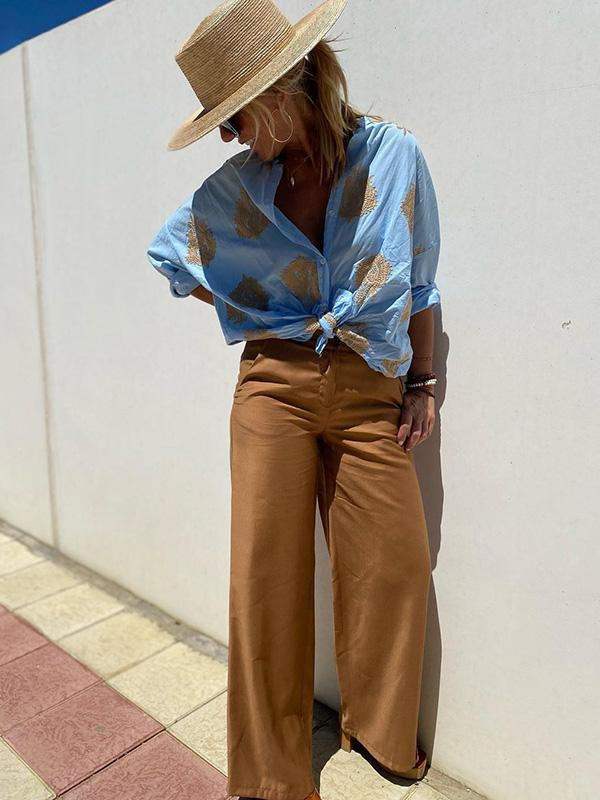 Echoarchiv | mit Knopfleiste Boho Stil Lockere Passform Langarm Shirt Damen Leinenhemd