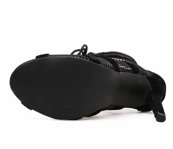 Echoarchiv | Schwarze Schnürung Peep Toe Netz High Heel Knöchel Stiefel