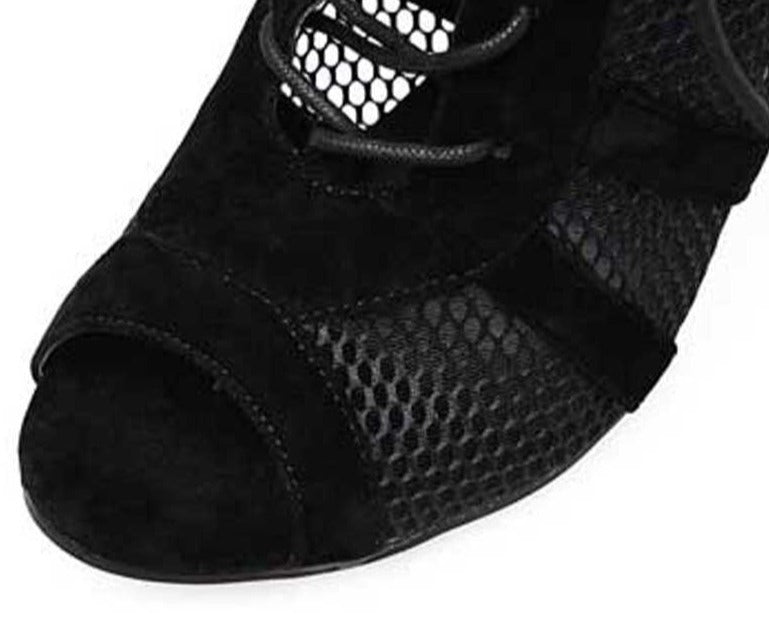 Echoarchiv | Schwarze Schnürung Peep Toe Netz High Heel Knöchel Stiefel
