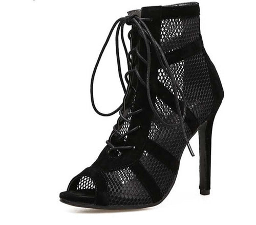 Echoarchiv | Schwarze Schnürung Peep Toe Netz High Heel Knöchel Stiefel