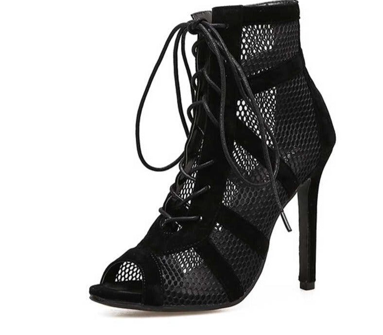 Echoarchiv | Schwarze Schnürung Peep Toe Netz High Heel Knöchel Stiefel