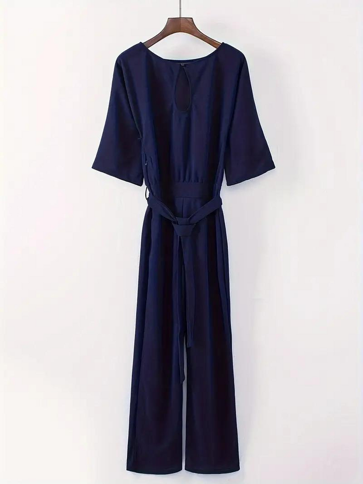 Jumpsuit Weite Beinform Taillengürtel Dreiviertelärmel Elegante Passform – Solévia