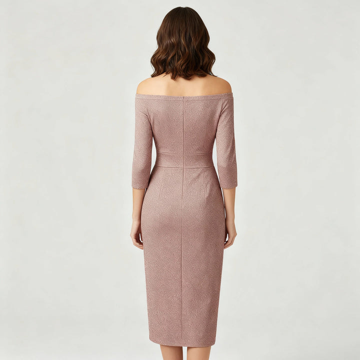 Elegantes Hochzeitsgast Kleid Off Shoulder Lang Satin | Echoarchiv