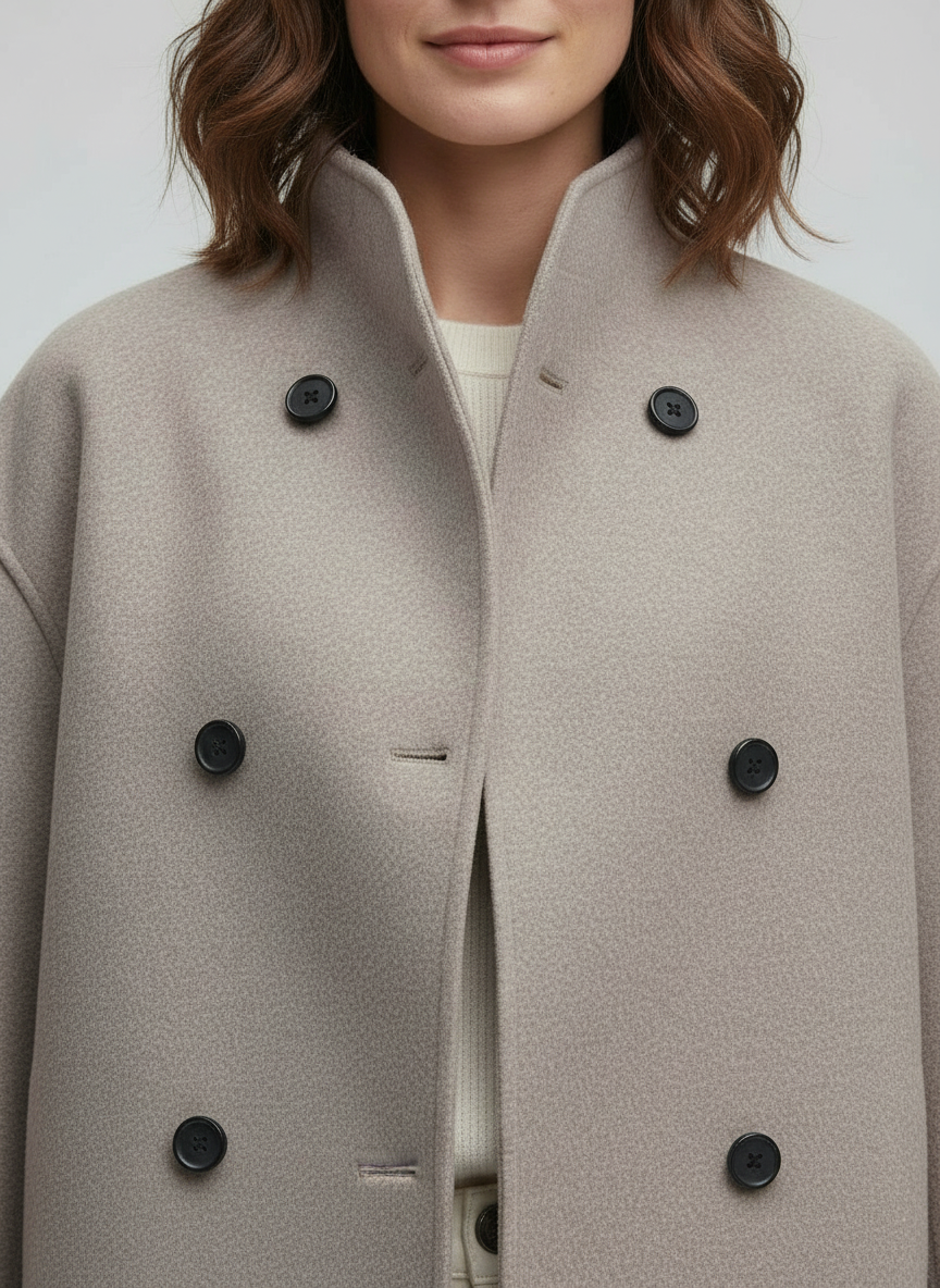 Damenjacke – Kurze Wolljacke in Beige mit Stehkragen & Knopfverschluss – Célinea