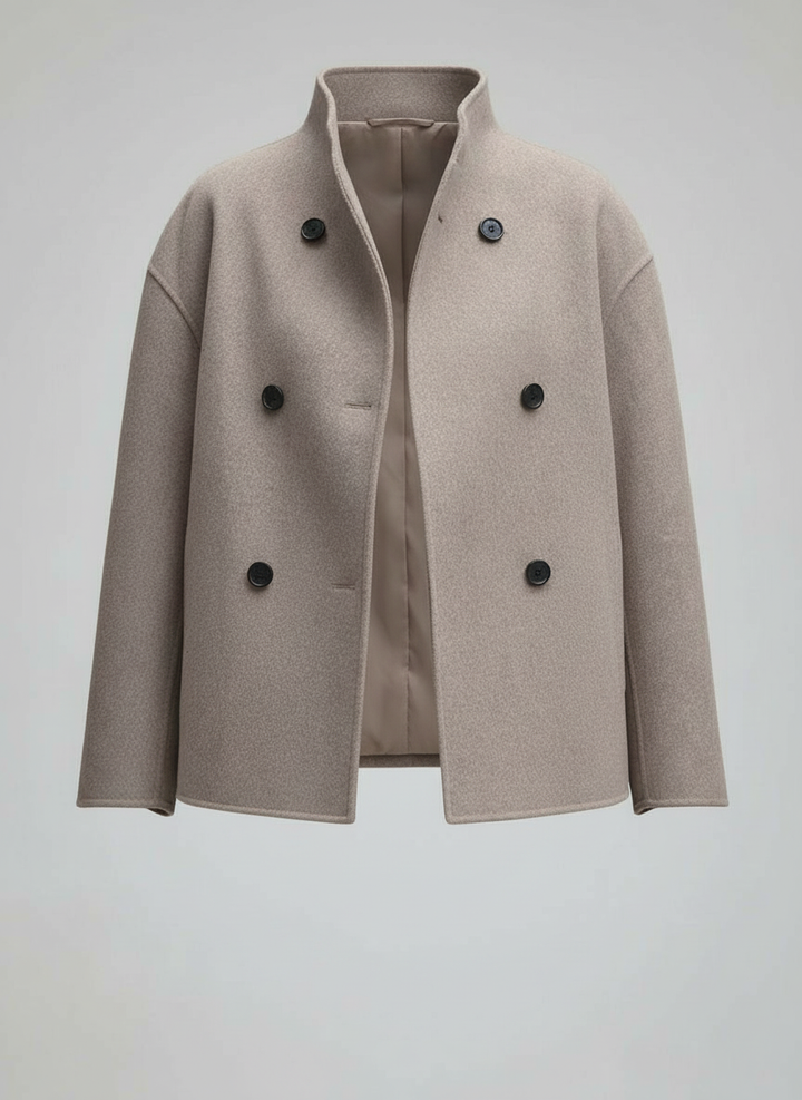 Damenjacke – Kurze Wolljacke in Beige mit Stehkragen & Knopfverschluss – Célinea