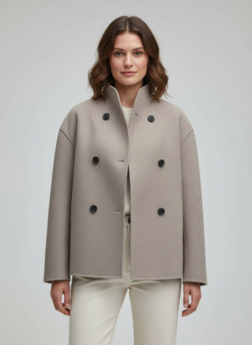 Damenjacke – Kurze Wolljacke in Beige mit Stehkragen & Knopfverschluss – Célinea