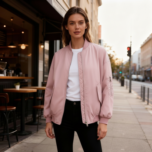 Damen lässige Oversized-Bomberjacke mit praktischen seitlichen Eingrifftaschen und Stehkragen Echoarchiv