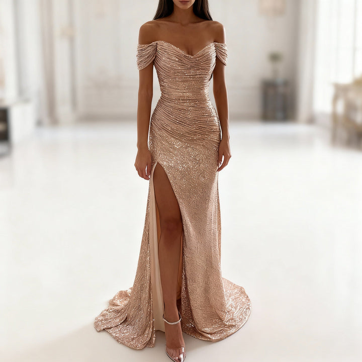 Echoarchiv | Off Shoulder Abendkleid mit Pailletten, Schlitz und Figurbetontem Schnitt für Damen