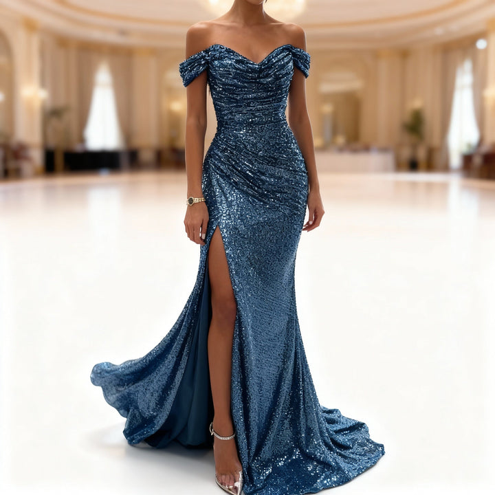 Echoarchiv | Off Shoulder Abendkleid mit Pailletten, Schlitz und Figurbetontem Schnitt für Damen