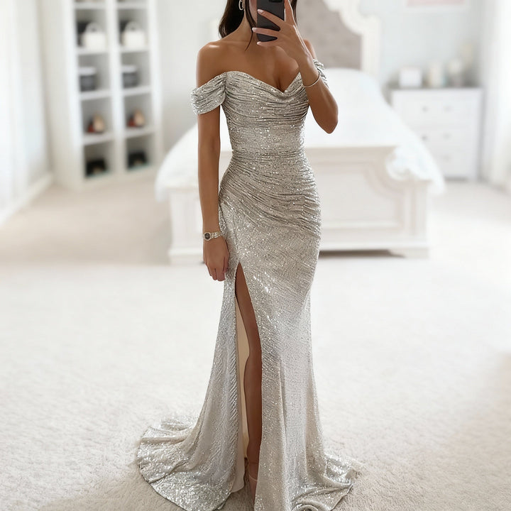 Echoarchiv | Off Shoulder Abendkleid mit Pailletten, Schlitz und Figurbetontem Schnitt für Damen