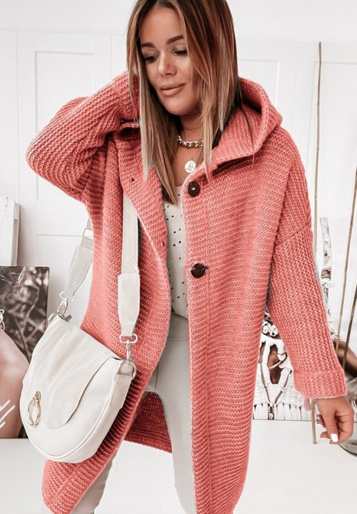 Echoarchiv | Langärmlige Strickjacke Mit Kapuze Und Knopfleiste