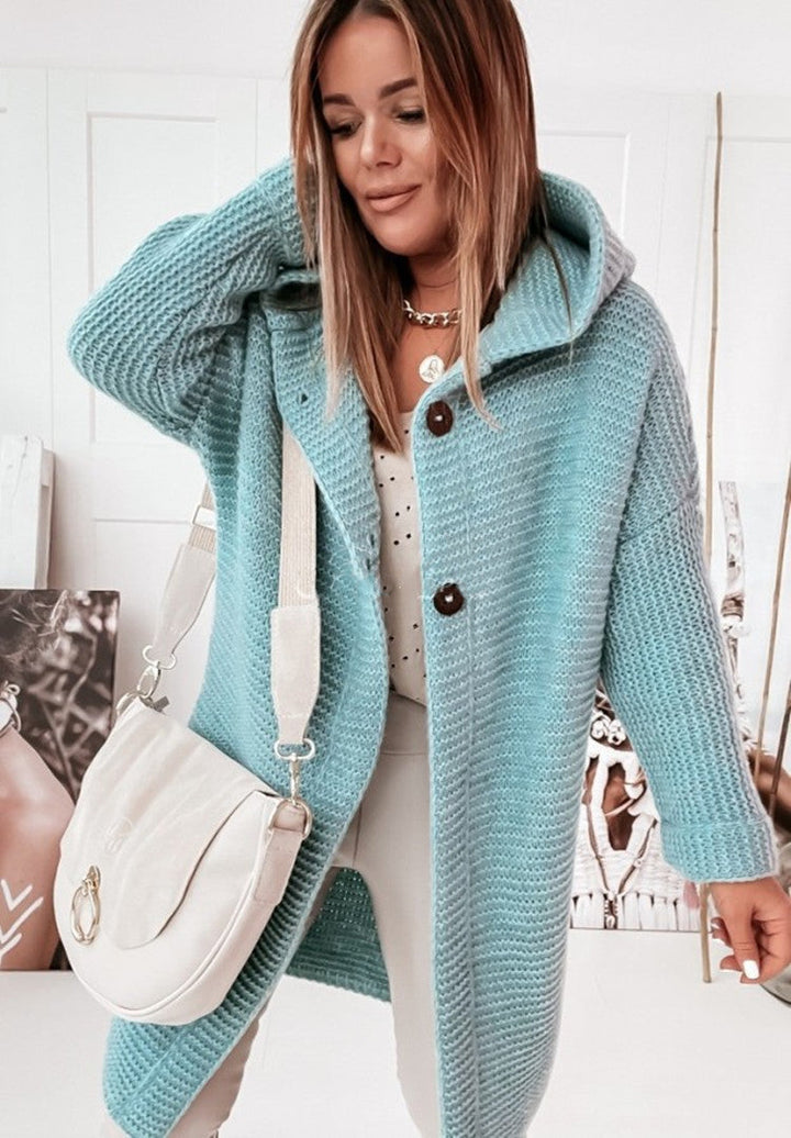 Echoarchiv | Langärmlige Strickjacke Mit Kapuze Und Knopfleiste