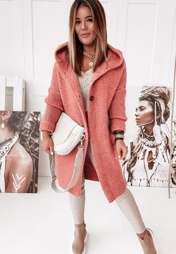 Echoarchiv | Langärmlige Strickjacke Mit Kapuze Und Knopfleiste