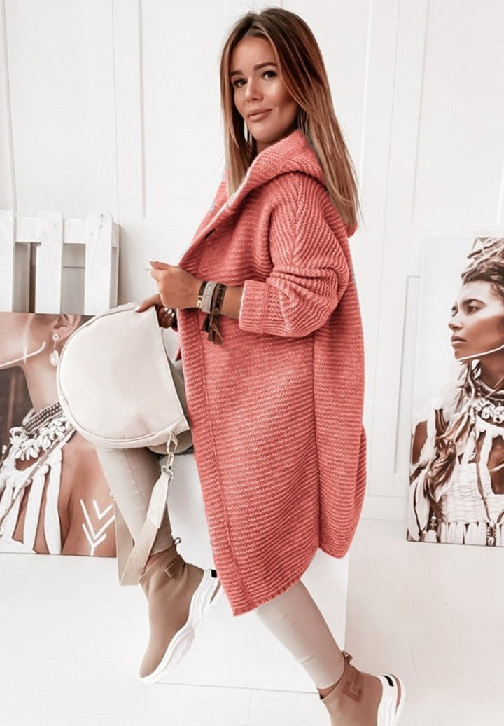 Echoarchiv | Langärmlige Strickjacke Mit Kapuze Und Knopfleiste