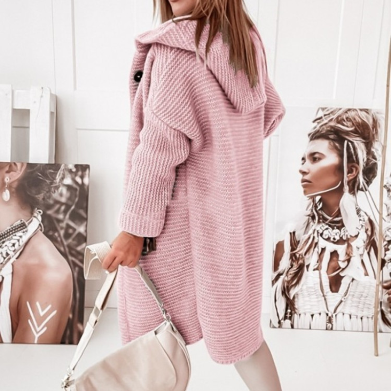 Echoarchiv | Langärmlige Strickjacke Mit Kapuze Und Knopfleiste