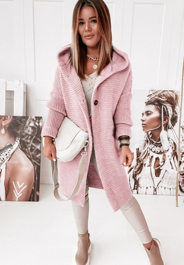 Echoarchiv | Langärmlige Strickjacke Mit Kapuze Und Knopfleiste