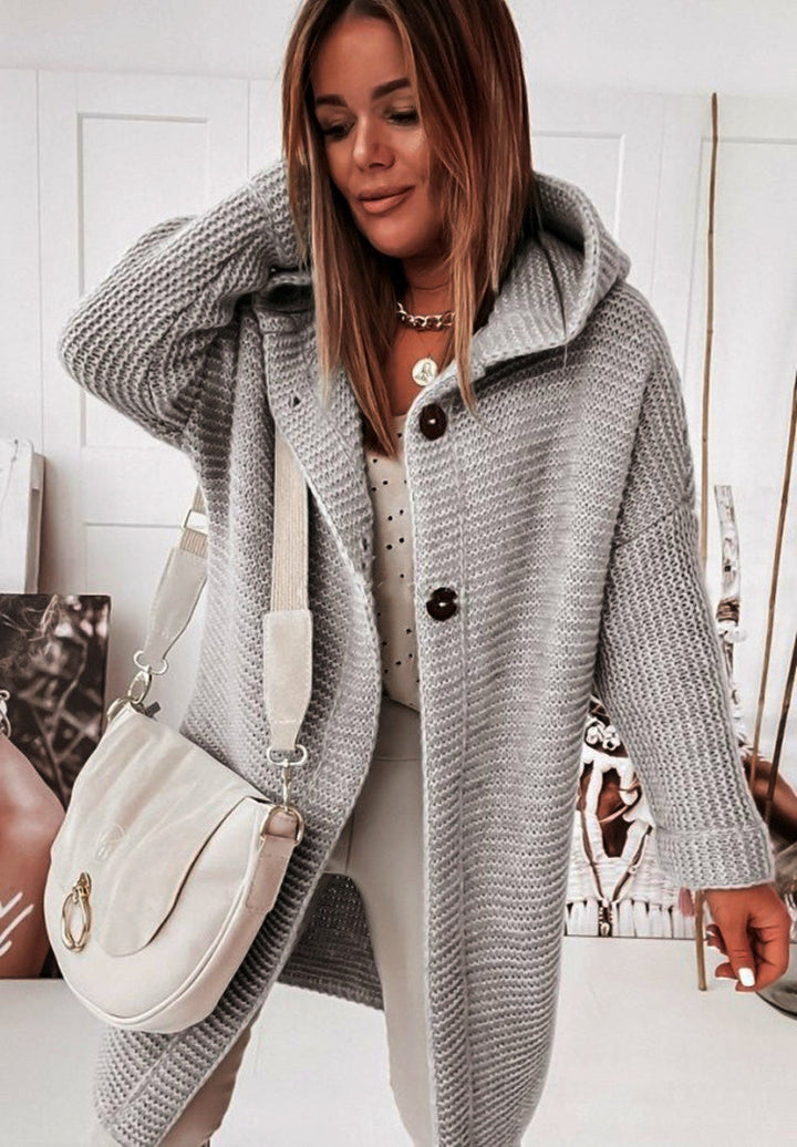 Echoarchiv | Langärmlige Strickjacke Mit Kapuze Und Knopfleiste