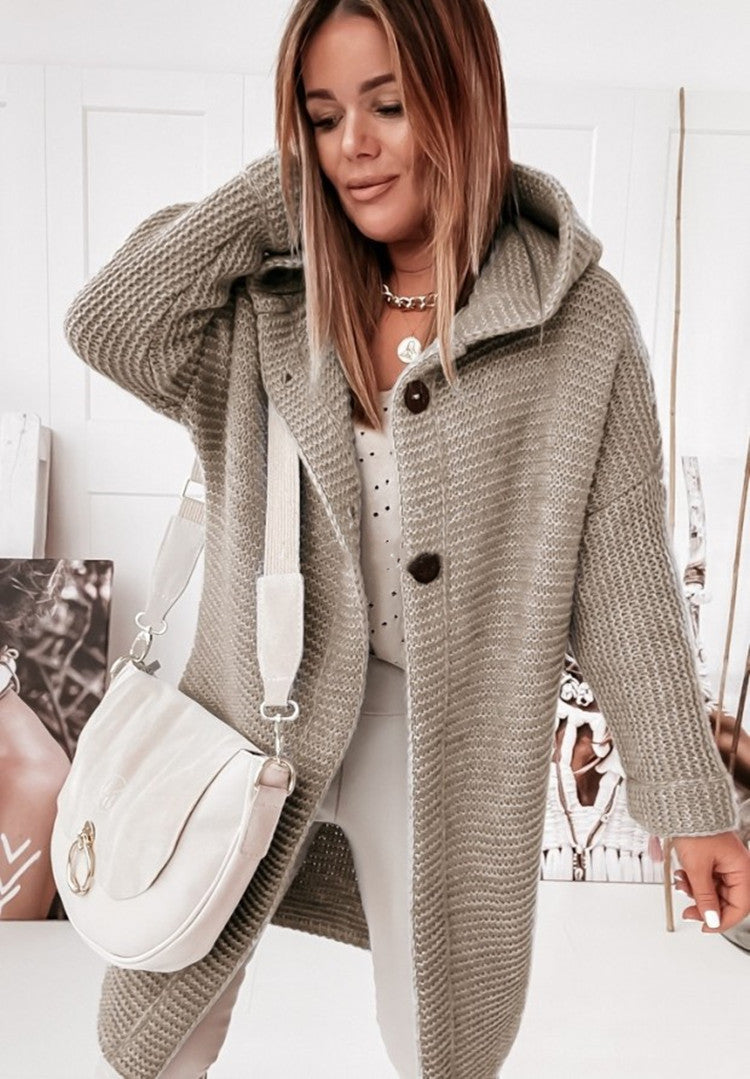 Echoarchiv | Langärmlige Strickjacke Mit Kapuze Und Knopfleiste