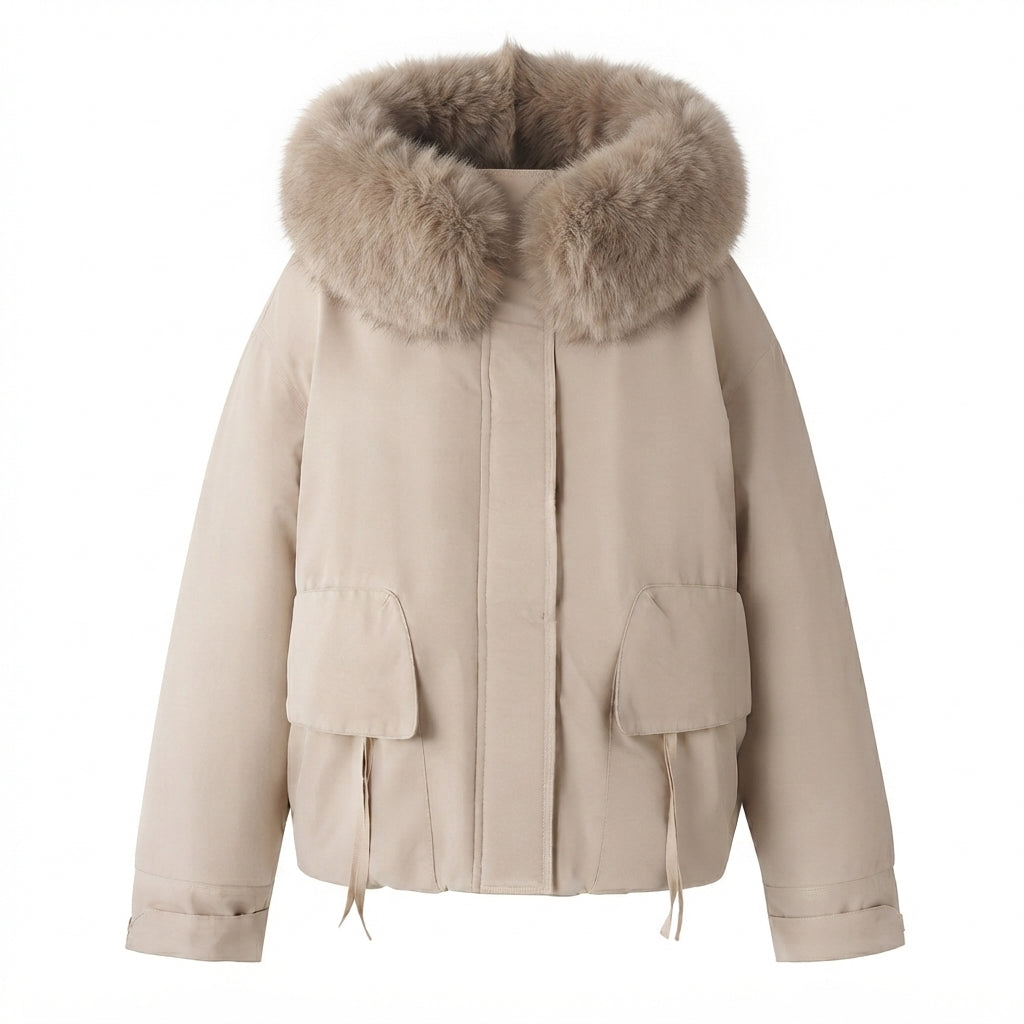 Damen kurze Isolationsjacke im boxy Schnitt mit voluminösem Kunstfellbesatz und funktionalen Klappentaschen