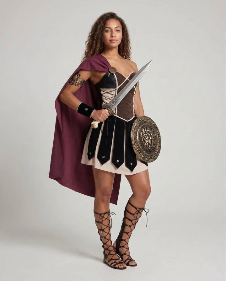 Damen Historisches Gladiatorenkostüm mit Umhang und Rüstungsdetails Echo Archiv