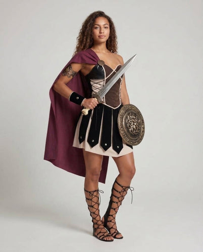 Damen Historisches Gladiatorenkostüm mit Umhang und Rüstungsdetails Echo Archiv