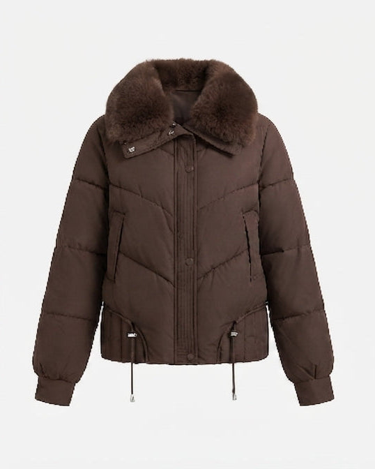 Damen kurze boxy Steppjacke mit extra-weichem Schalkragen im Kunstfaser-Look und verstellbarem Saum