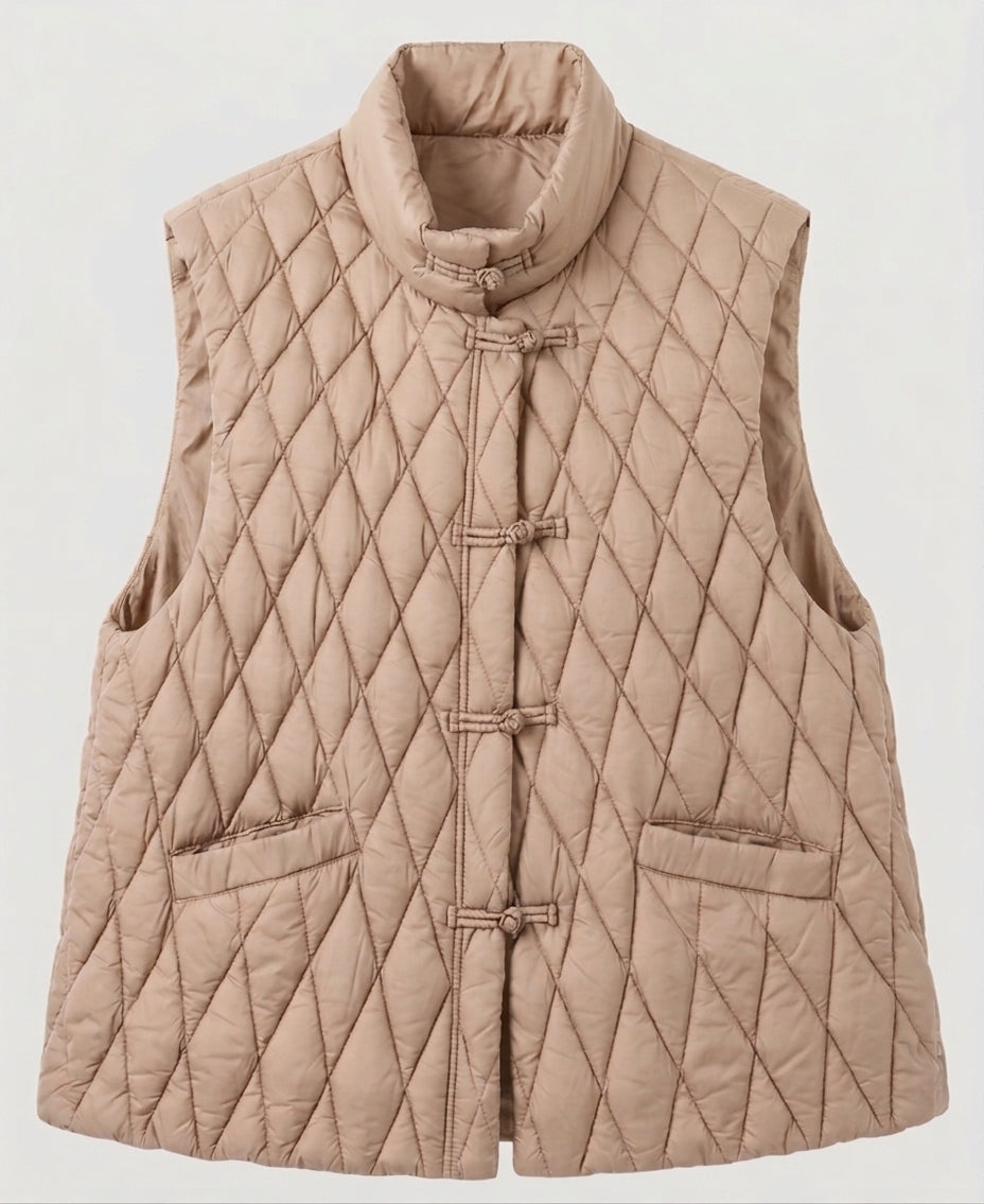 Damen gesteppte ärmellose Jacke mit Stehkragen und dekorativen Knotenschlüssen