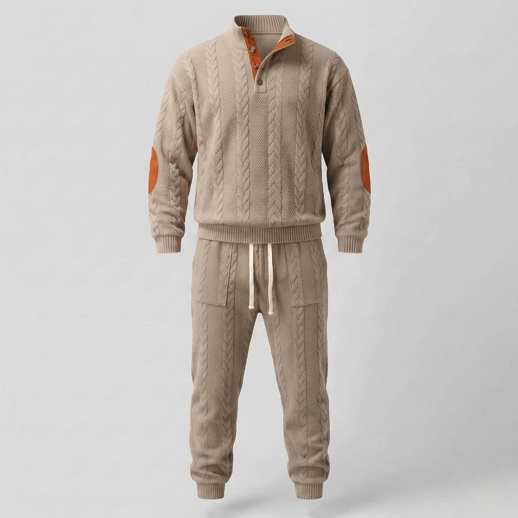 Männer Strukturierter Kabelstrick Loungewear Set mit Henley-Kragen und Jogginghose Echoarchiv