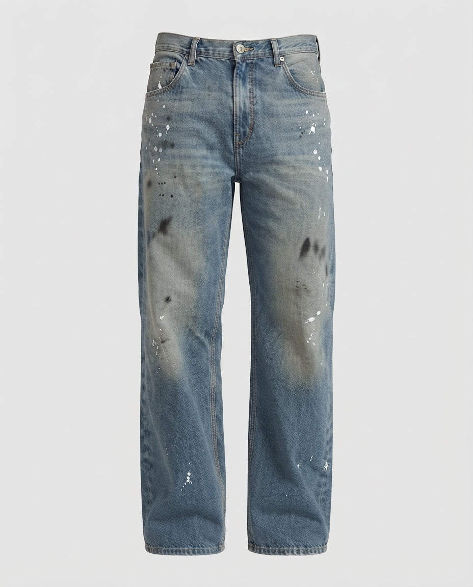 Baggy-Jeans für Männer im Vintage-Wascht mit weitem Bein, Used-Effekt und Farbtupfern Echoarchiv