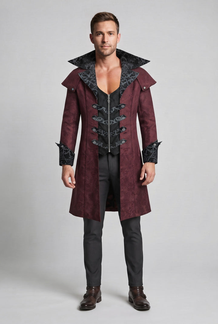 Eleganter Gothic-Mantel für Herren mit kunstvollen Verzierungen und hohem Kragen Echo Archiv
