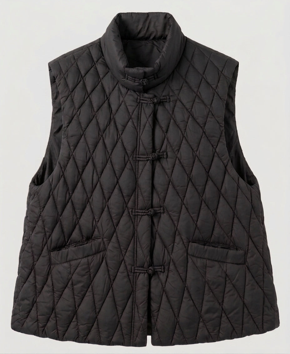 Damen gesteppte ärmellose Jacke mit Stehkragen und dekorativen Knotenschlüssen