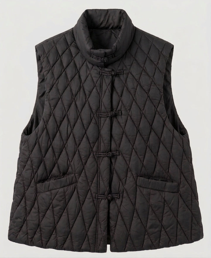 Damen gesteppte ärmellose Jacke mit Stehkragen und dekorativen Knotenschlüssen