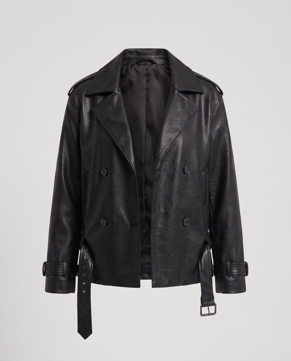 Damen Übergroße Double-Breasted Kunstlederjacke mit Taillengürtel und Glanzfinish Echo Archiv